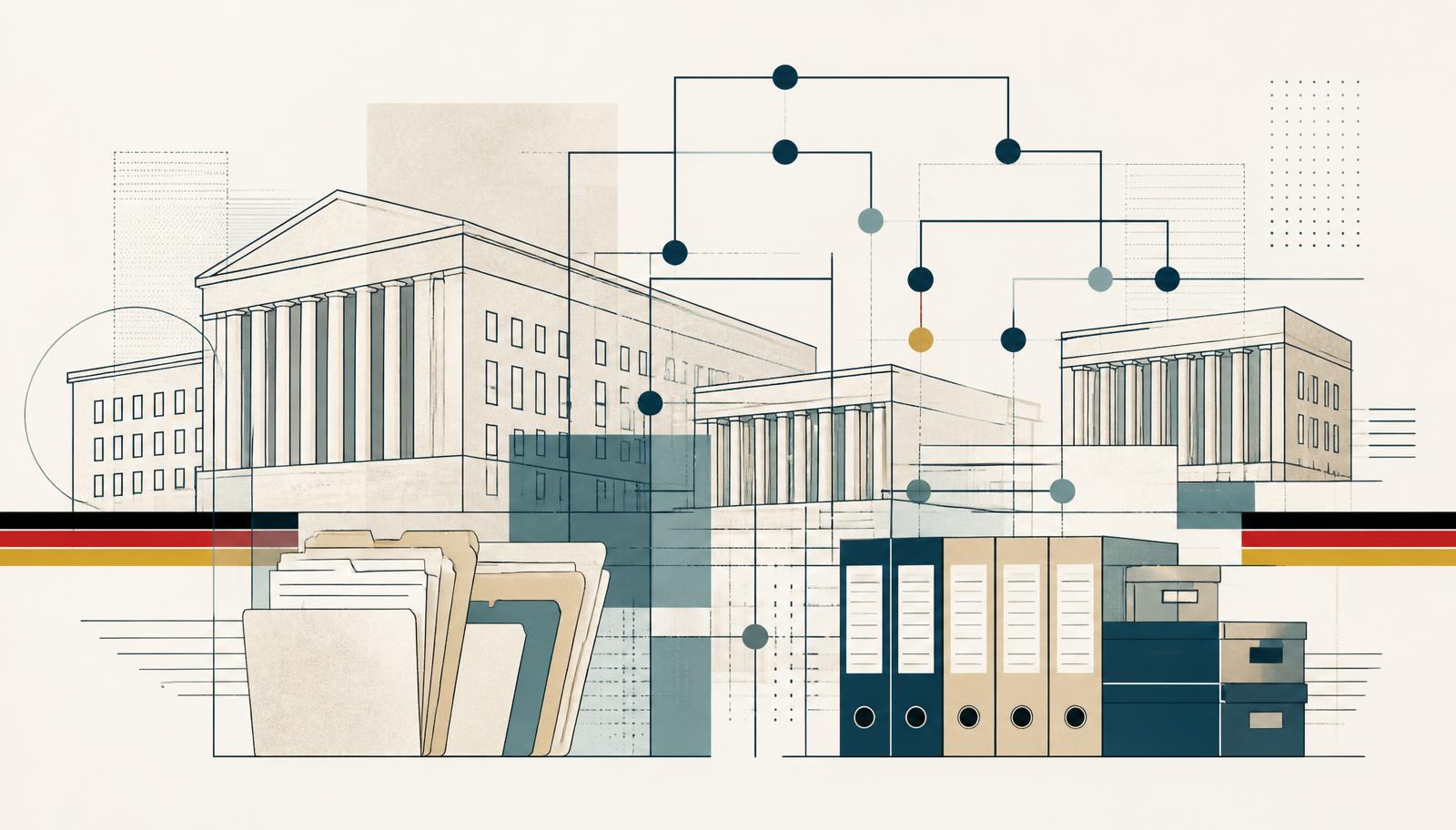 Abstrakte Grafik: stilisierte Ministeriumsgebäude, Aktenordner und Organigramm-Linien mit schmalen Farbbändern in Schwarz, Rot und Gold